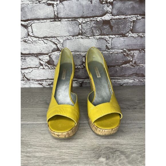 Bottero Yellow Patent Leather Peep Toe Platform Cork Wedge Sandals Women Sz 37EU - Picture 13 of 16